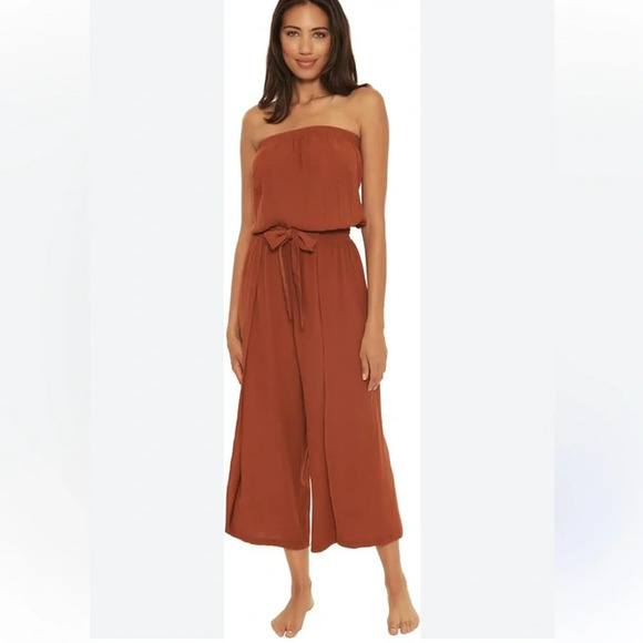 Becca by Rebecca Virtue Ponza Crinkled Rayon Jumpsuit CoverUp Bronze size large - Picture 1 of 12